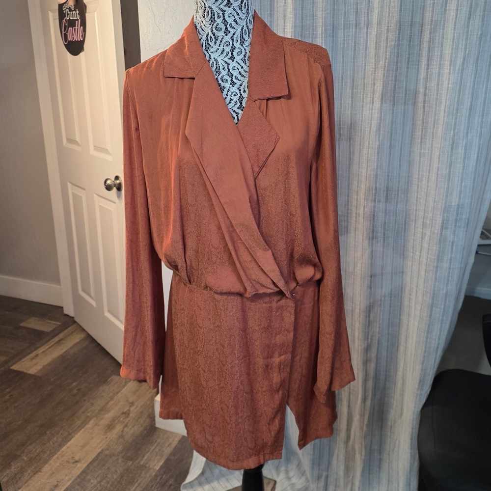 Free People  Long Sleeve Wrap Front Mini Dress Boho Womens M Rust Copper Romper